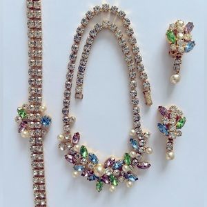 Rare Multi-color Rhinestone set: necklace, bracelet, clips, bridal, Swarovski